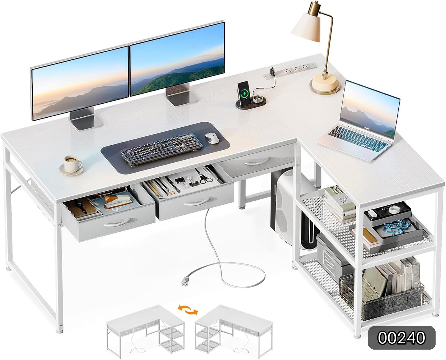 AODK 53 Inch L Shaped Computer Desk with Drawers, Corner Desk with Power.. #R070