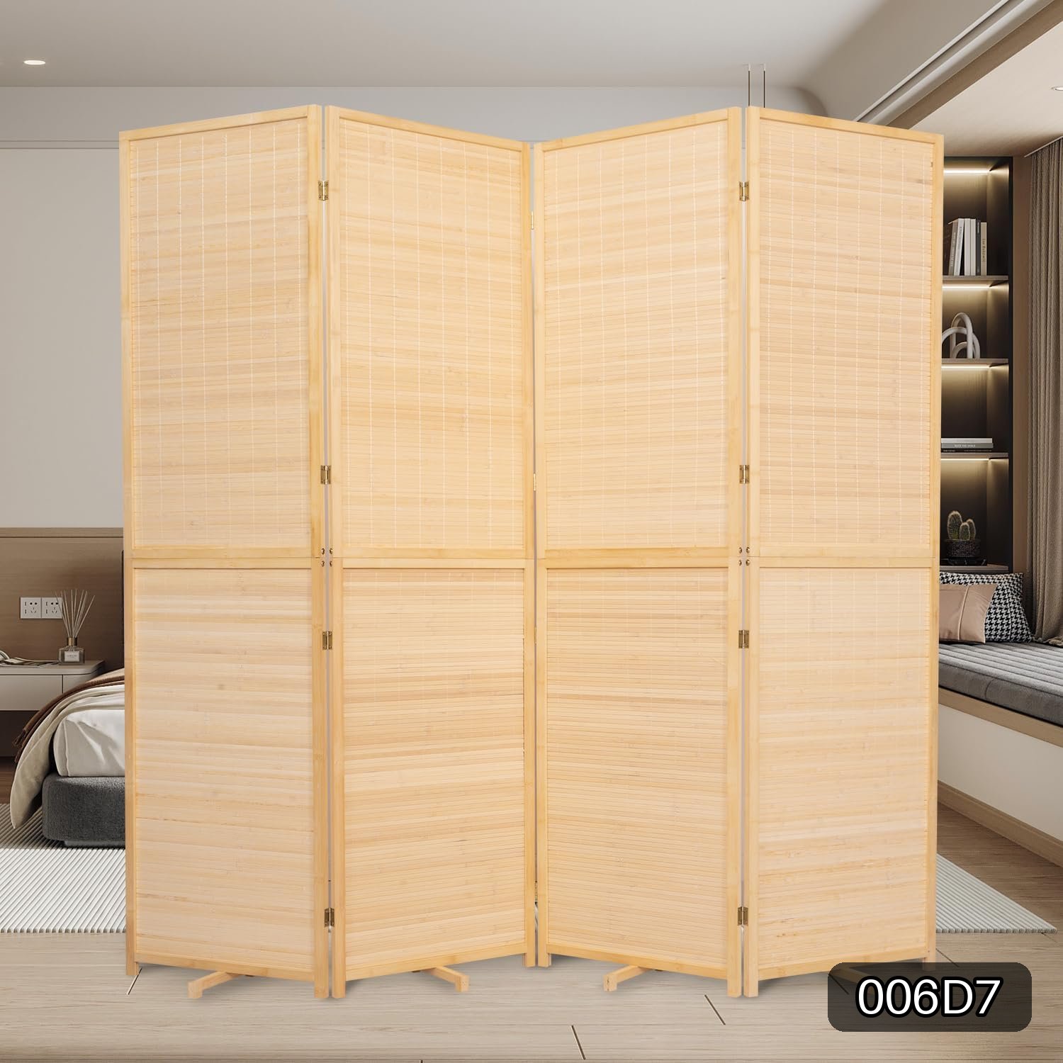 4-Panel Woven Bamboo Folding Room Divider, 5.6-Foot Beige Privacy Screen #R051