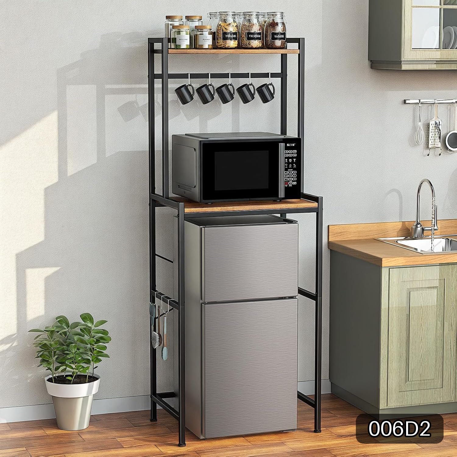 2-Tier Mini Fridge Stand with Adjustable Shelf and Storage, Black and Brow #R039