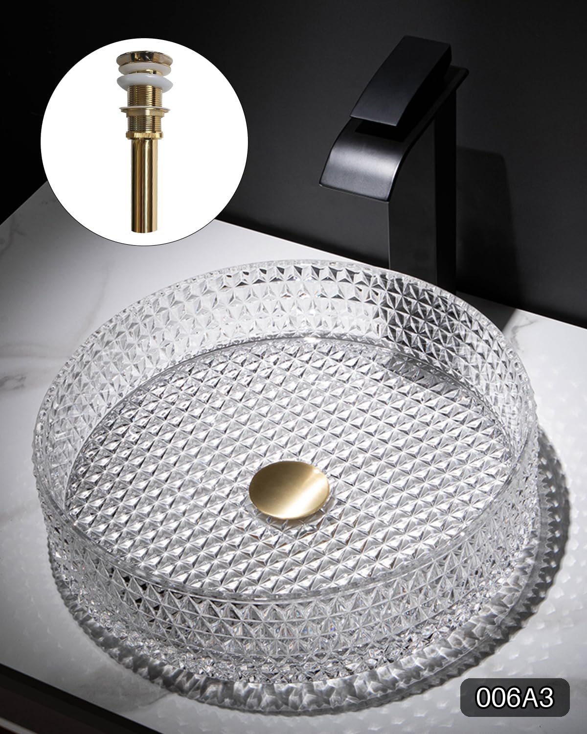 Round Transparent Diamond Glass Vessel Bathroom Sink #R017